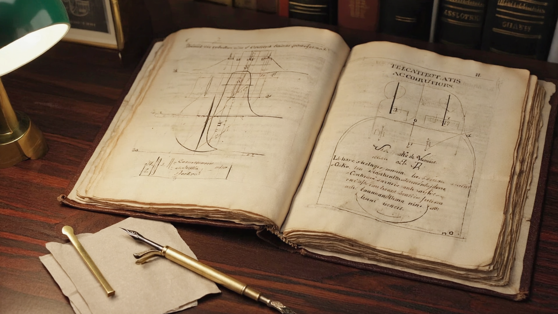 Aufgeschlagenes altes Buch zur Akustik mit handschriftlichen Marginalien und Schwingungsdiagrammen auf vergilbtem Papier.